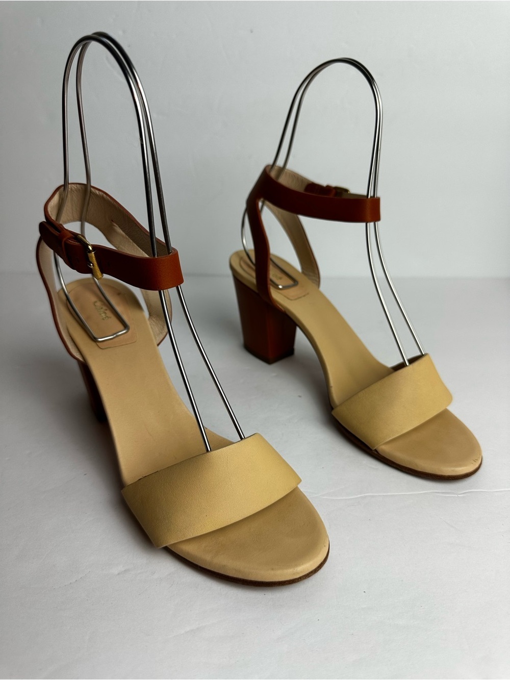 Chloe Bi Color Sandals Women's Size 7 Heels Brown Tan Shoes Designer Block Heel